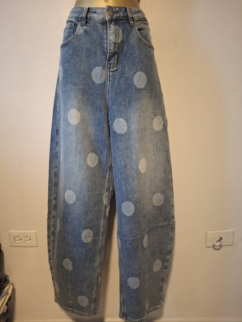 Wide Leg Polka Dot Denim Jeans - Light Blue